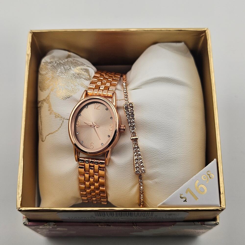 Rose Gold Tone Watch & Bracelet Gift Set Minimalist Classy Contemporary Elevated